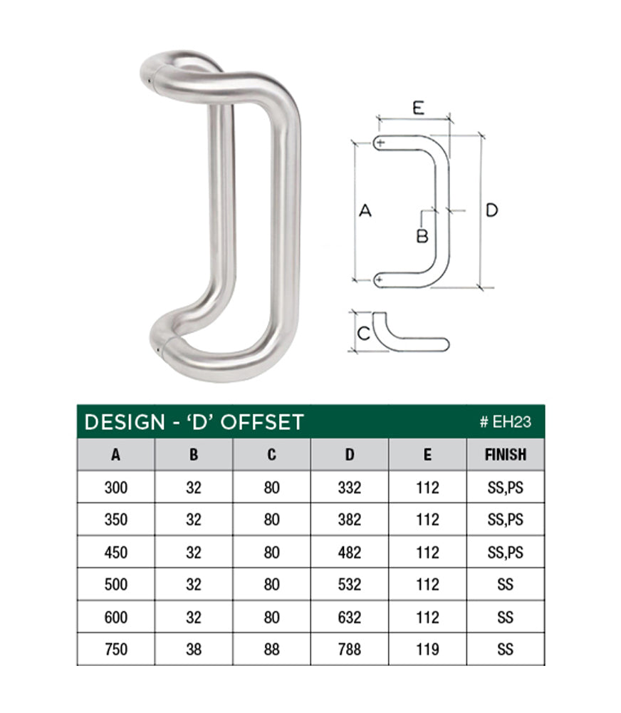 Scope D Entrance Pull Handle Offset - Available in Various Finishes and Fixing