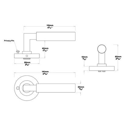 Iver Berlin Door Lever on Round Rose Inbuilt Privacy Kit 60mm Backset