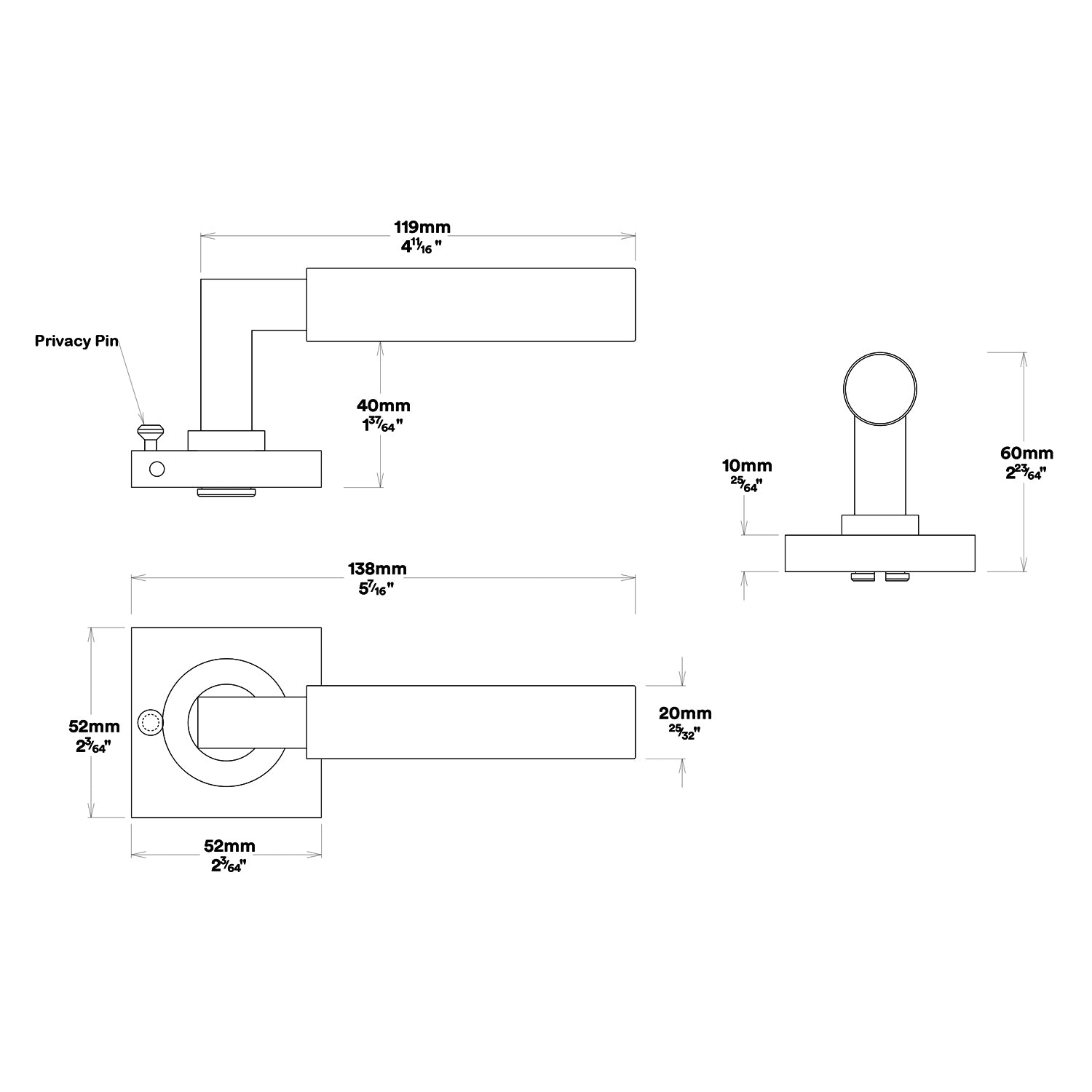 Iver Berlin Door Lever on Square Rose Inbuilt Privacy Kit 60mm Backset