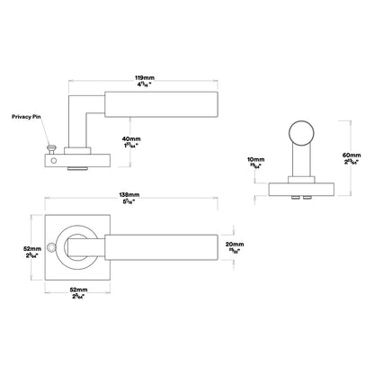 Iver Berlin Door Lever on Square Rose Inbuilt Privacy Kit 60mm Backset