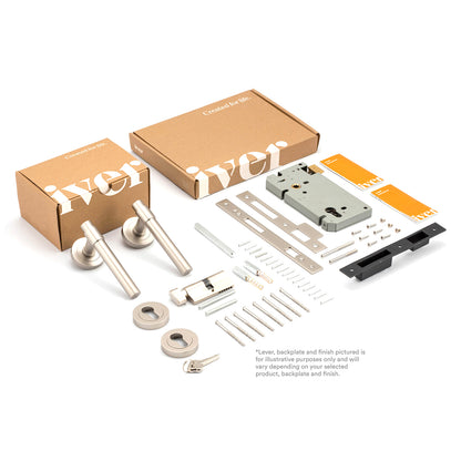 Iver Bronte Door Lever Handle on Round Rose Entrance Kit Key/Thumb - Available in Various Finishes