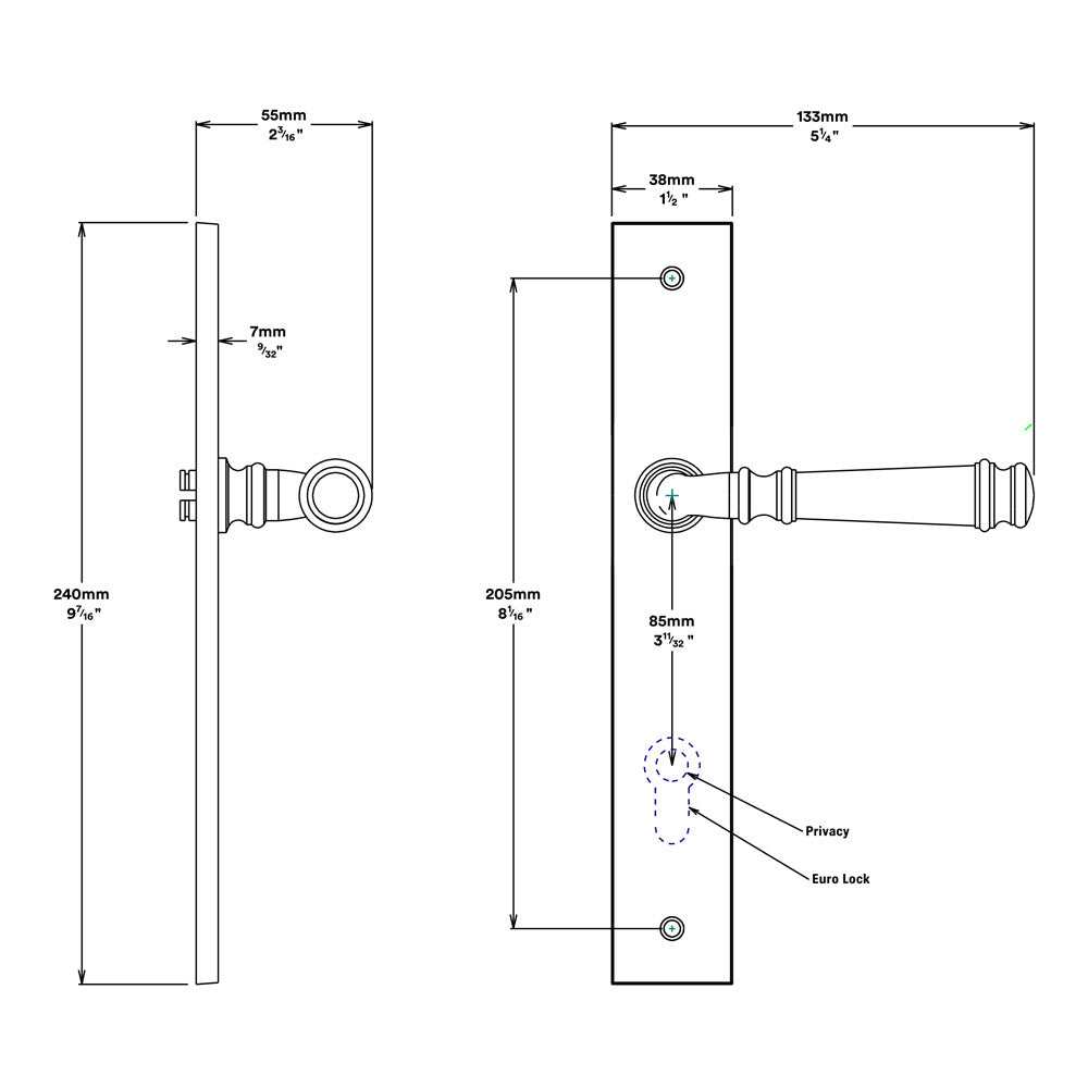 Iver Verona Door Lever on Rectangular Backplate Privacy Kit with Turn
