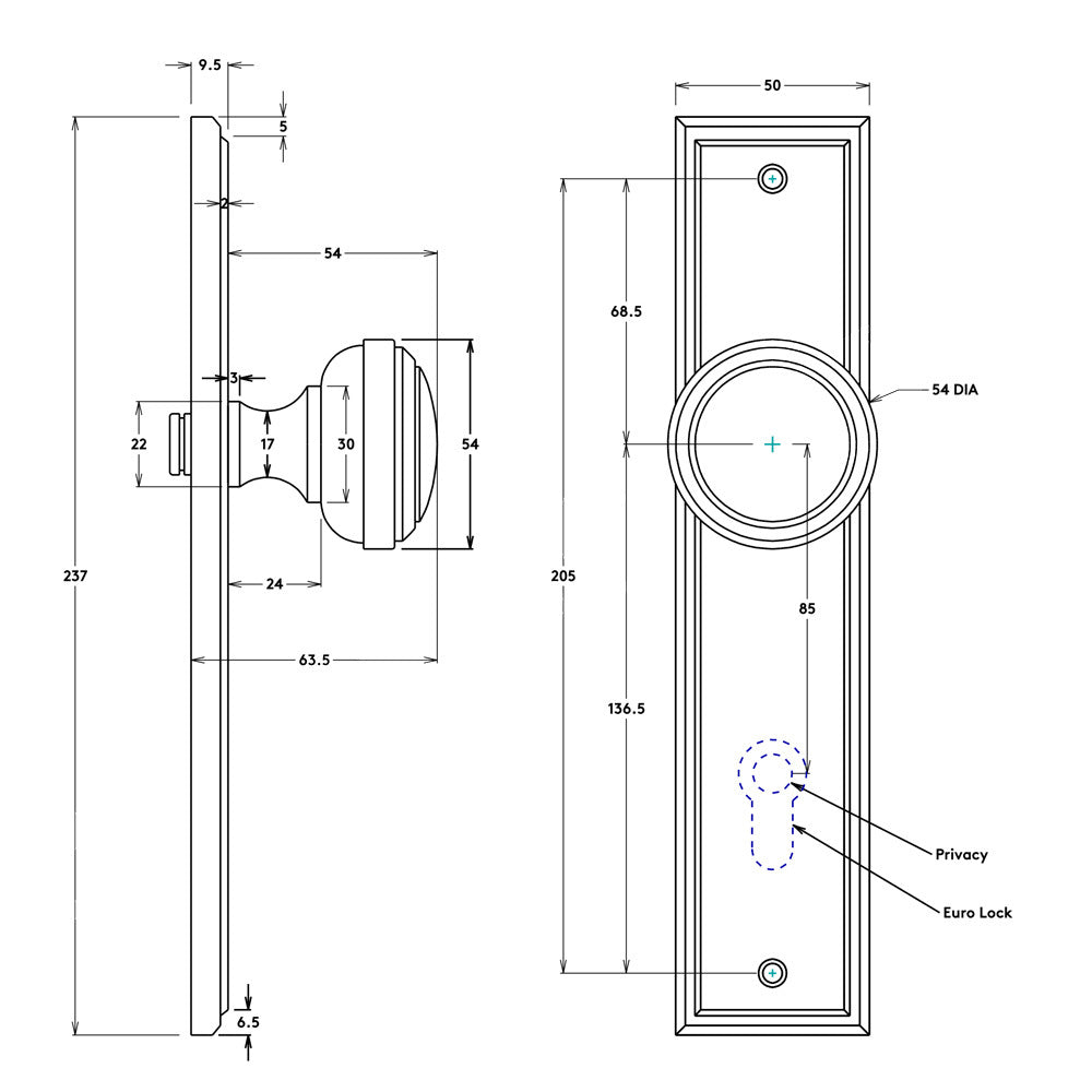 Iver Paddington Door Knob on Stepped Backplate Privacy Kit with Turn - Available in Various Finishes