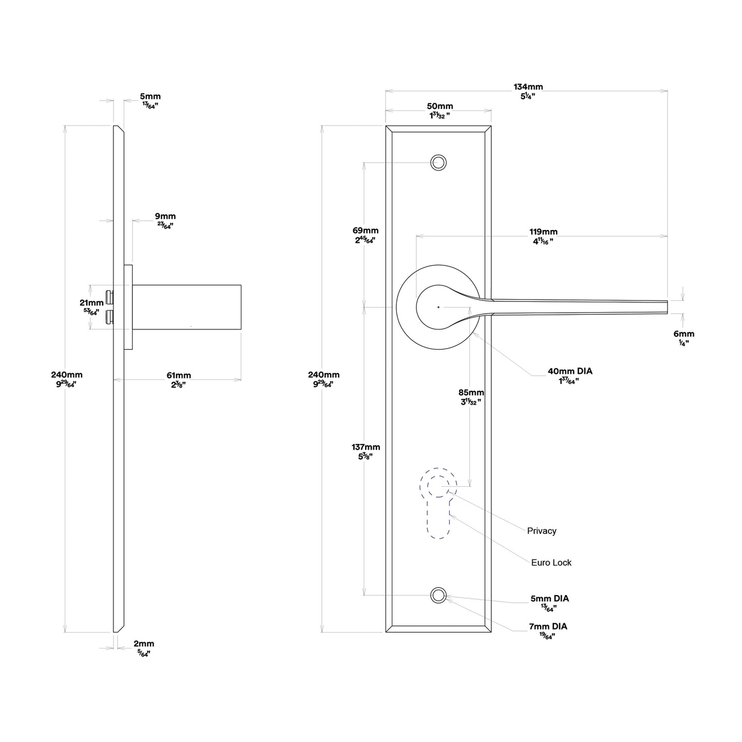 Iver Como Door Lever Handle on Chamfered Backplate Privacy Kit - Available in Various Finishes