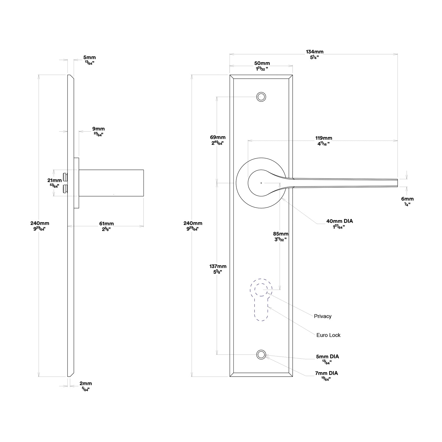 Iver Como Door Lever Handle on Chamfered Backplate Privacy Kit - Available in Various Finishes