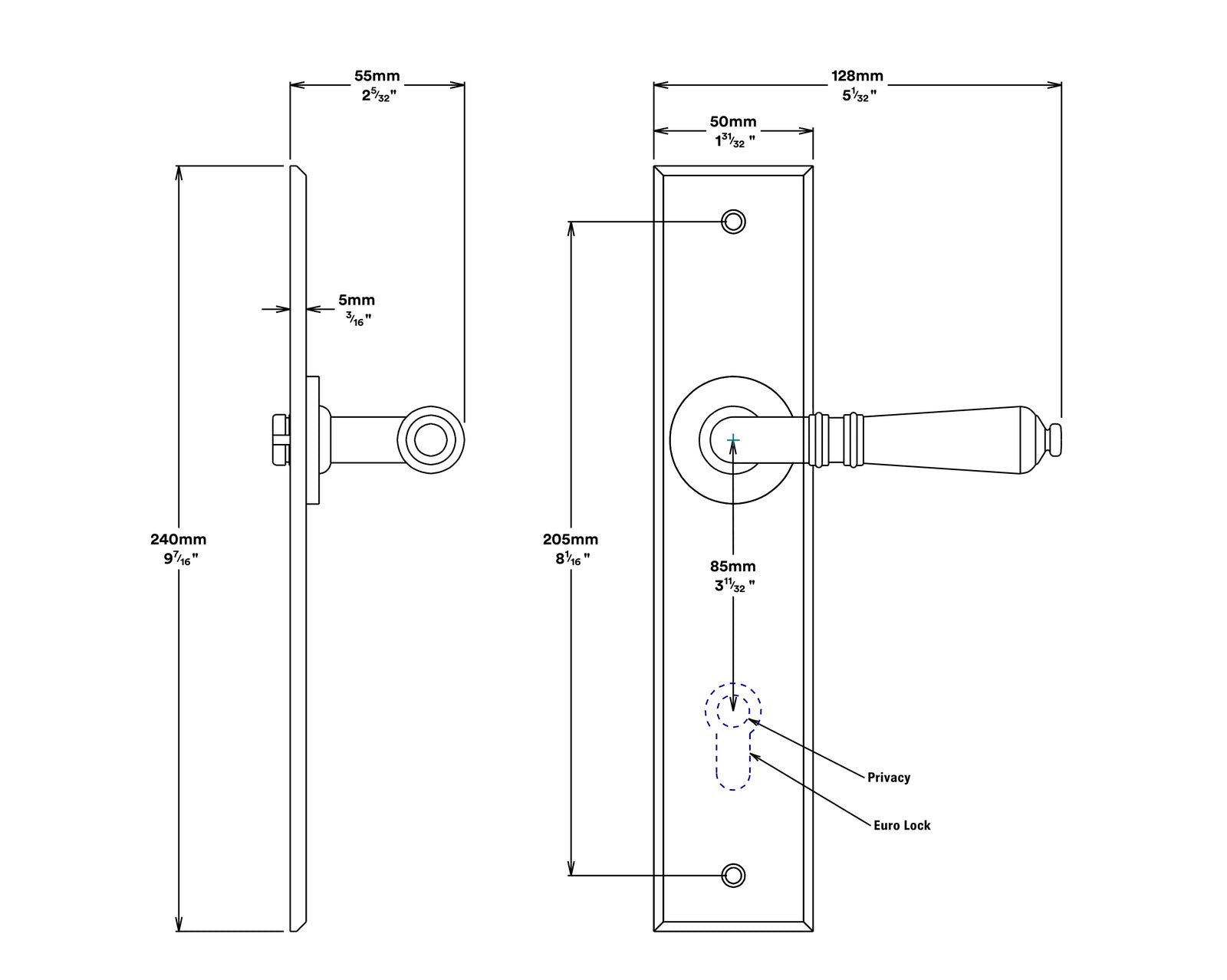 Iver Sarlat Door Lever Handle on Chamfered Backplate Passage Kit - Available in Various Finishes