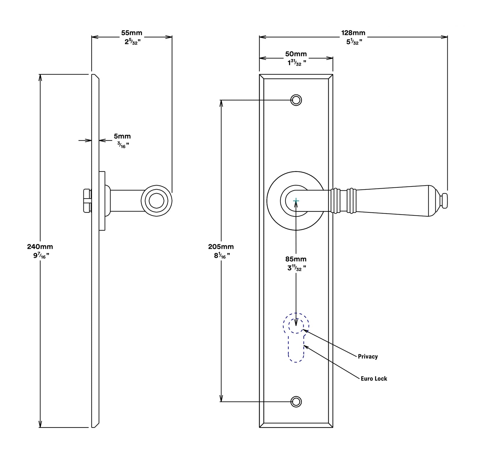 Iver Sarlat Door Lever Handle on Chamfered Backplate Privacy Kit - Available in Various Finishes