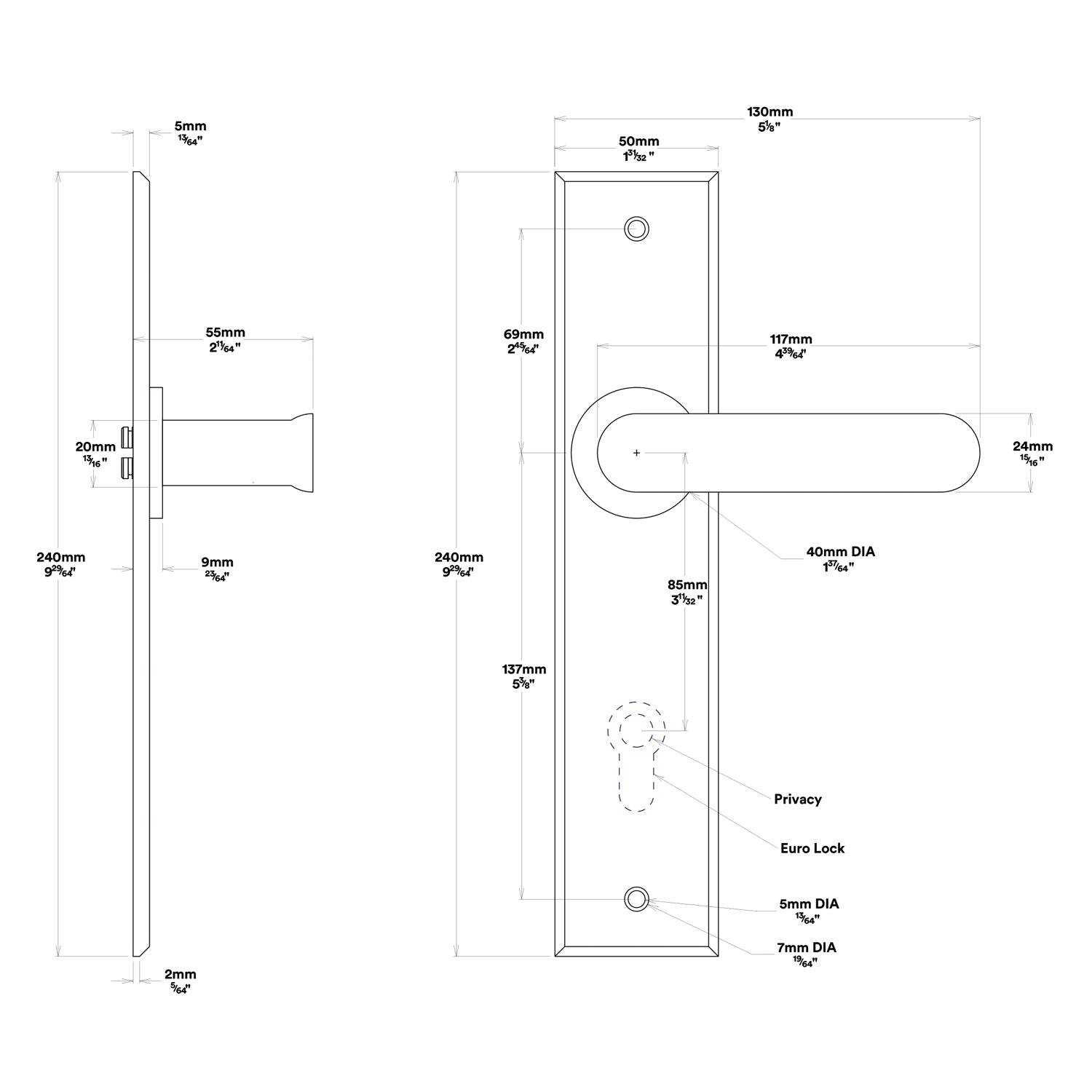 Iver Bronte Door Lever Handle on Chamfered Backplate Passage Kit - Available in Various Finishes