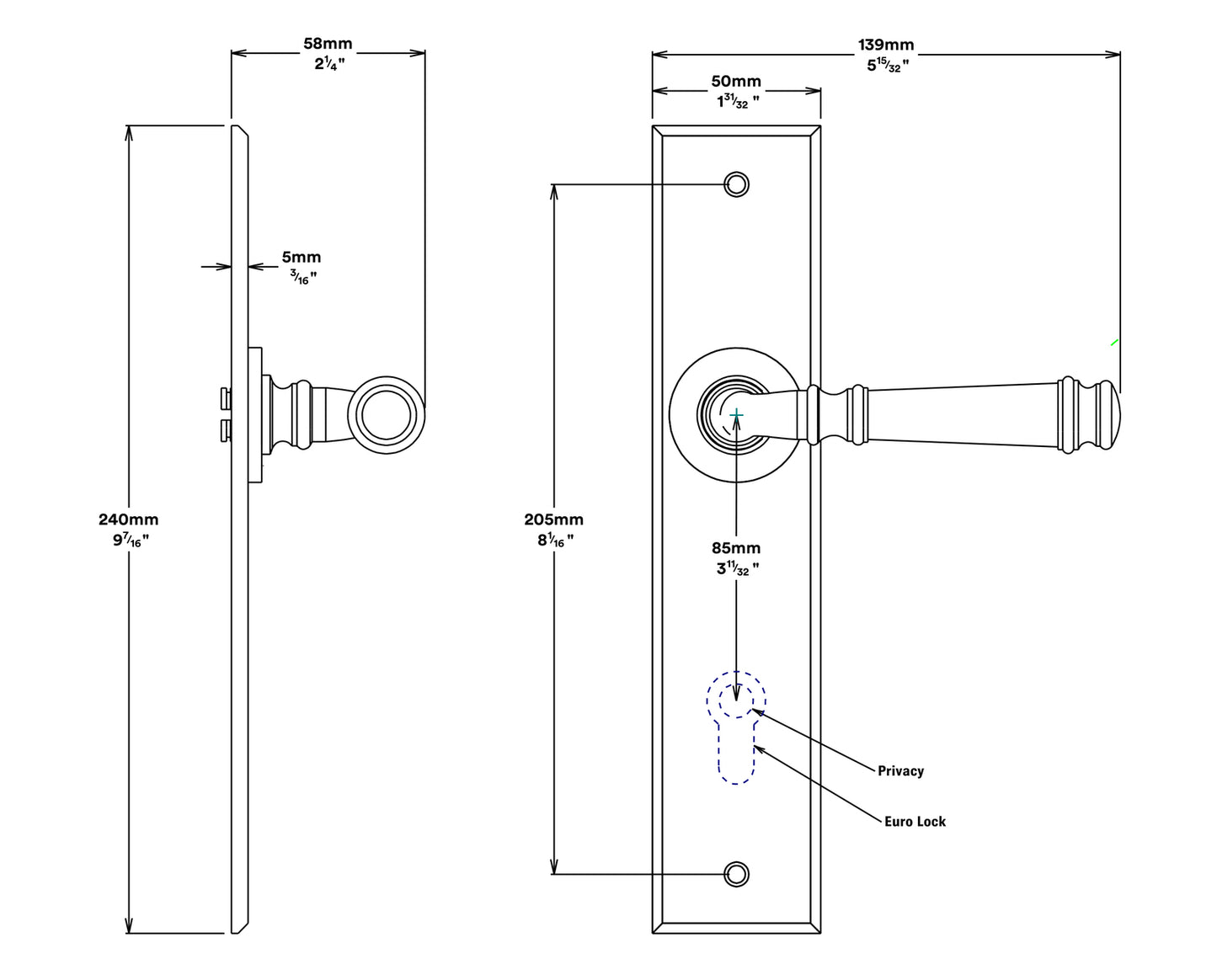 Iver Verona Door Lever Handle on Chamfered Backplate Privacy Kit - Available in Various Finishes