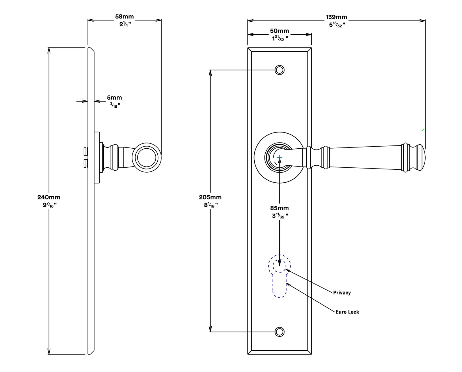 Iver Verona Door Lever Handle on Chamfered Backplate Privacy Kit - Available in Various Finishes