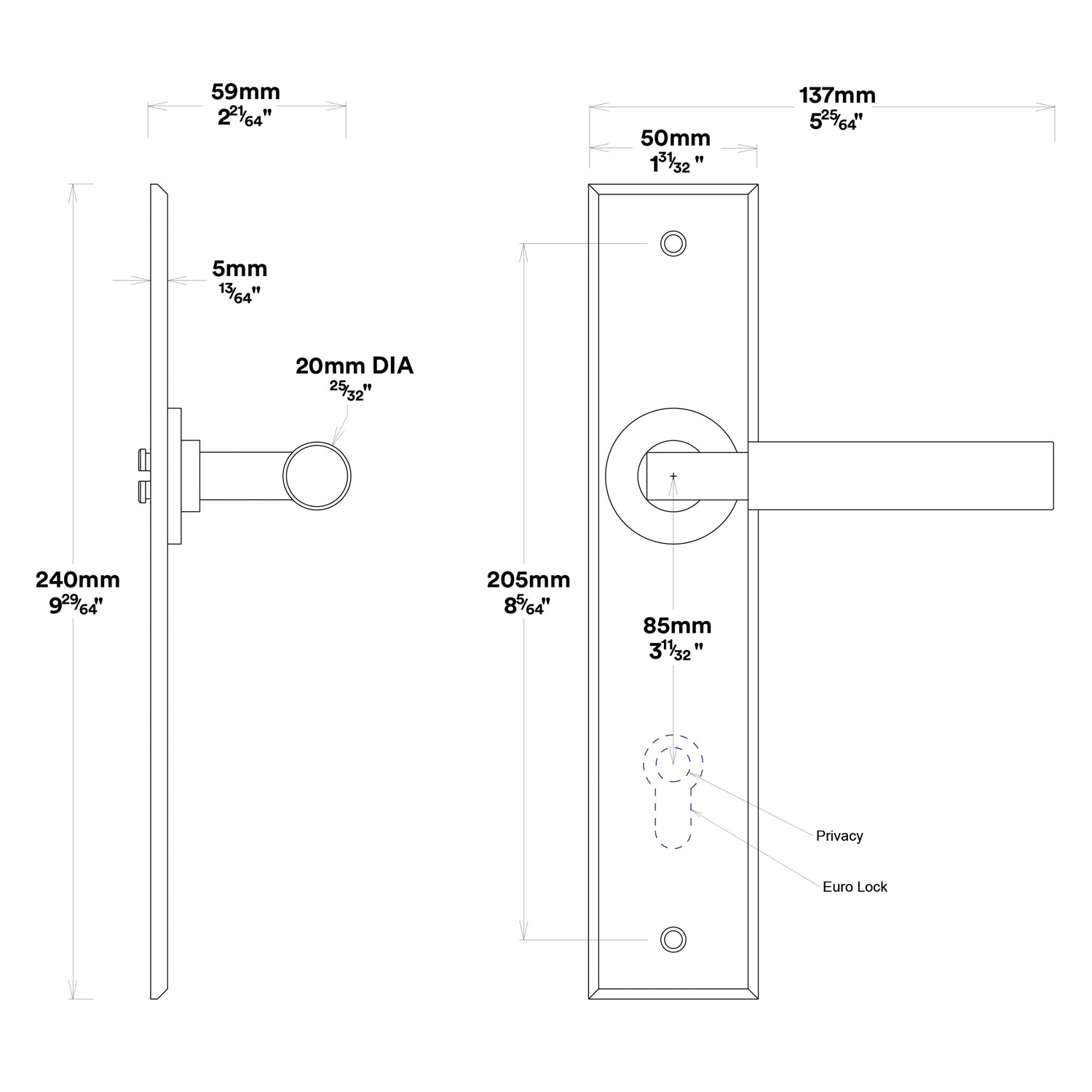 Iver Berlin Door Lever Handle on Chamfered Backplate Passage Kit - Available in Various Finishes