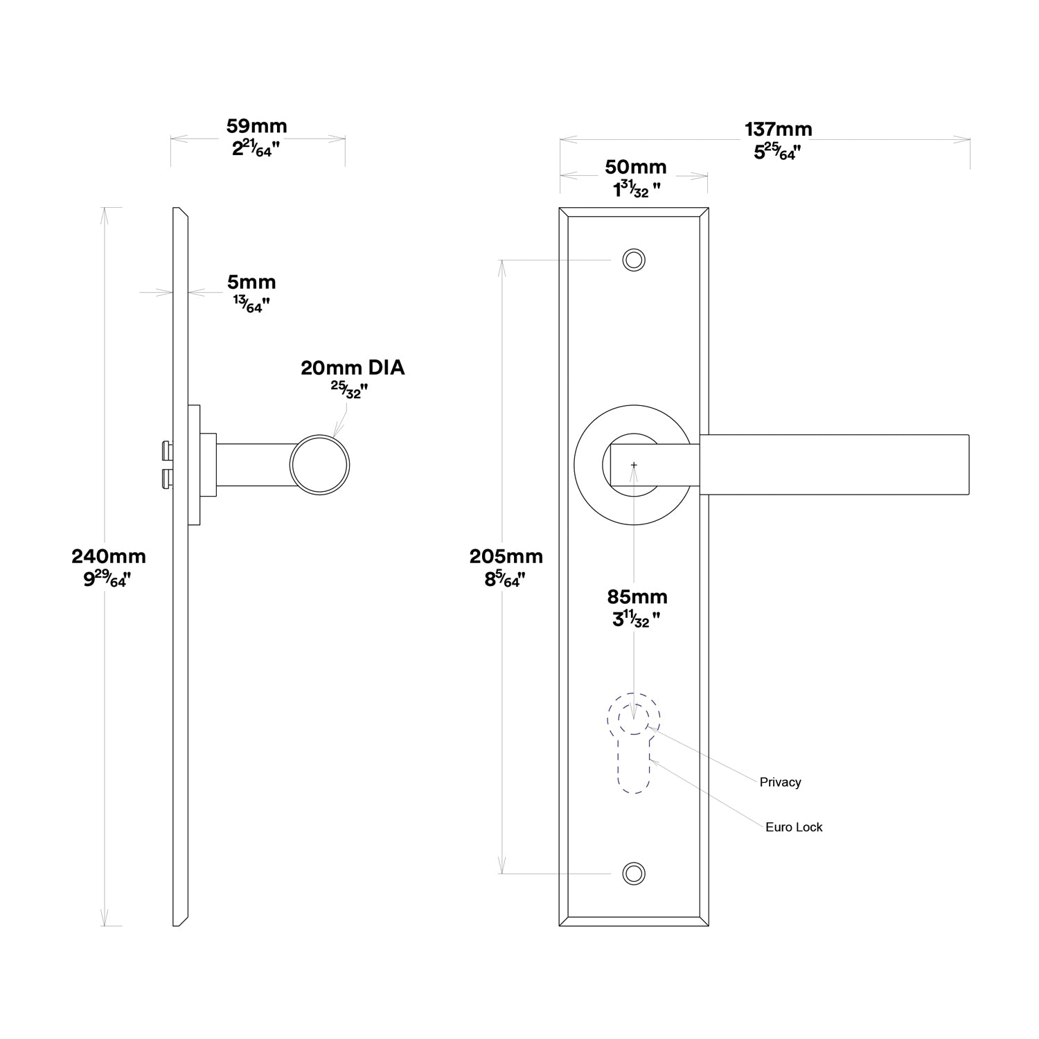Iver Berlin Door Lever Handle on Chamfered Backplate Privacy Kit - Available in Various Finishes