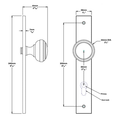 Iver Paddington Door Knob on Rectangular Backplate Entrance Kit Key/Key