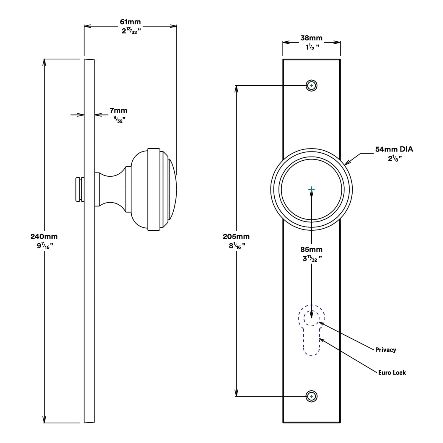 Iver Paddington Door Knob on Rectangular Backplate Entrance Kit Key/Thumb