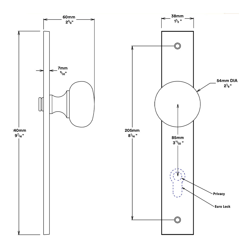 Iver Cambridge Door Knob on Rectangular Backplate Entrance Kit Key/Key