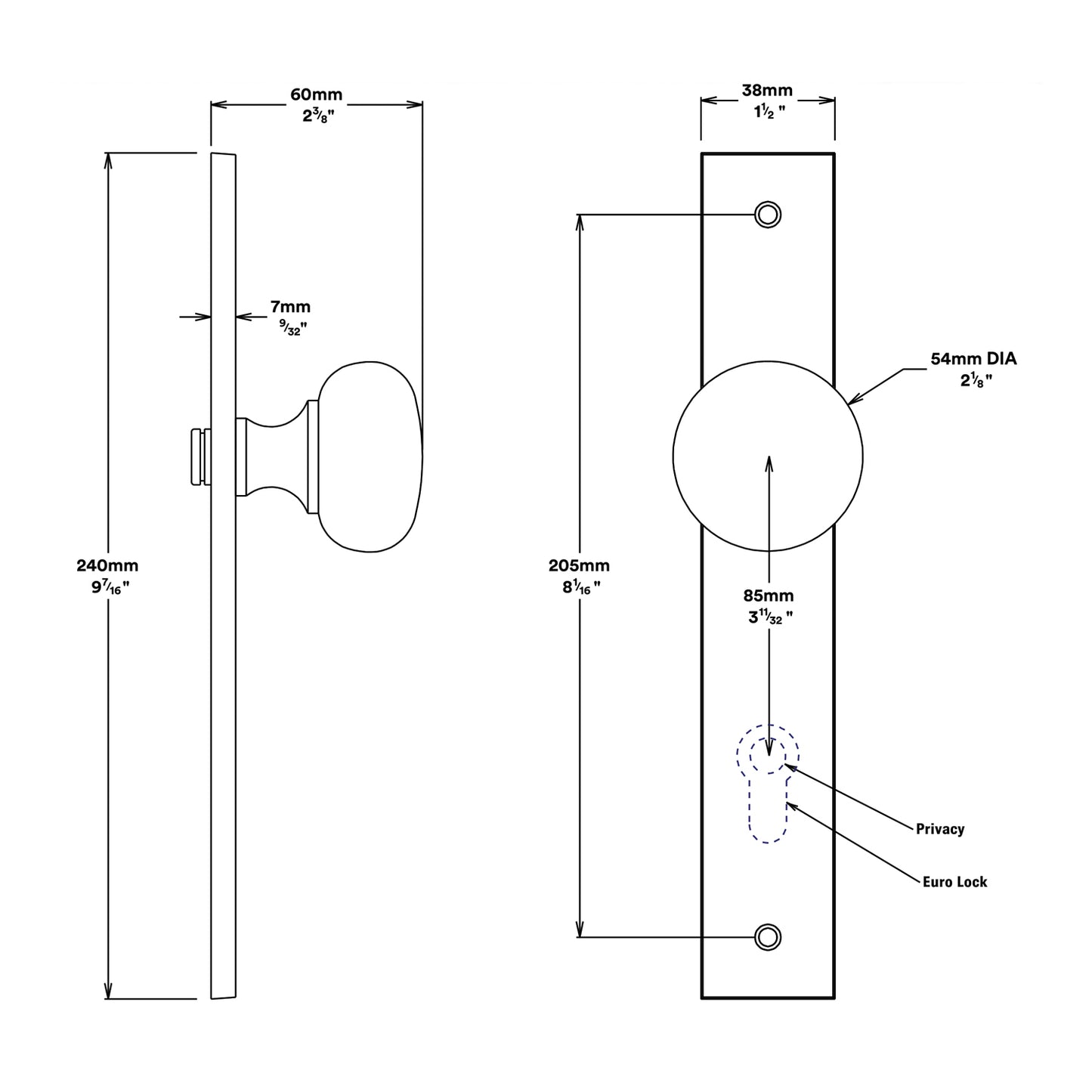 Iver Cambridge Door Knob on Rectangular Backplate Entrance Kit Key/Thumb