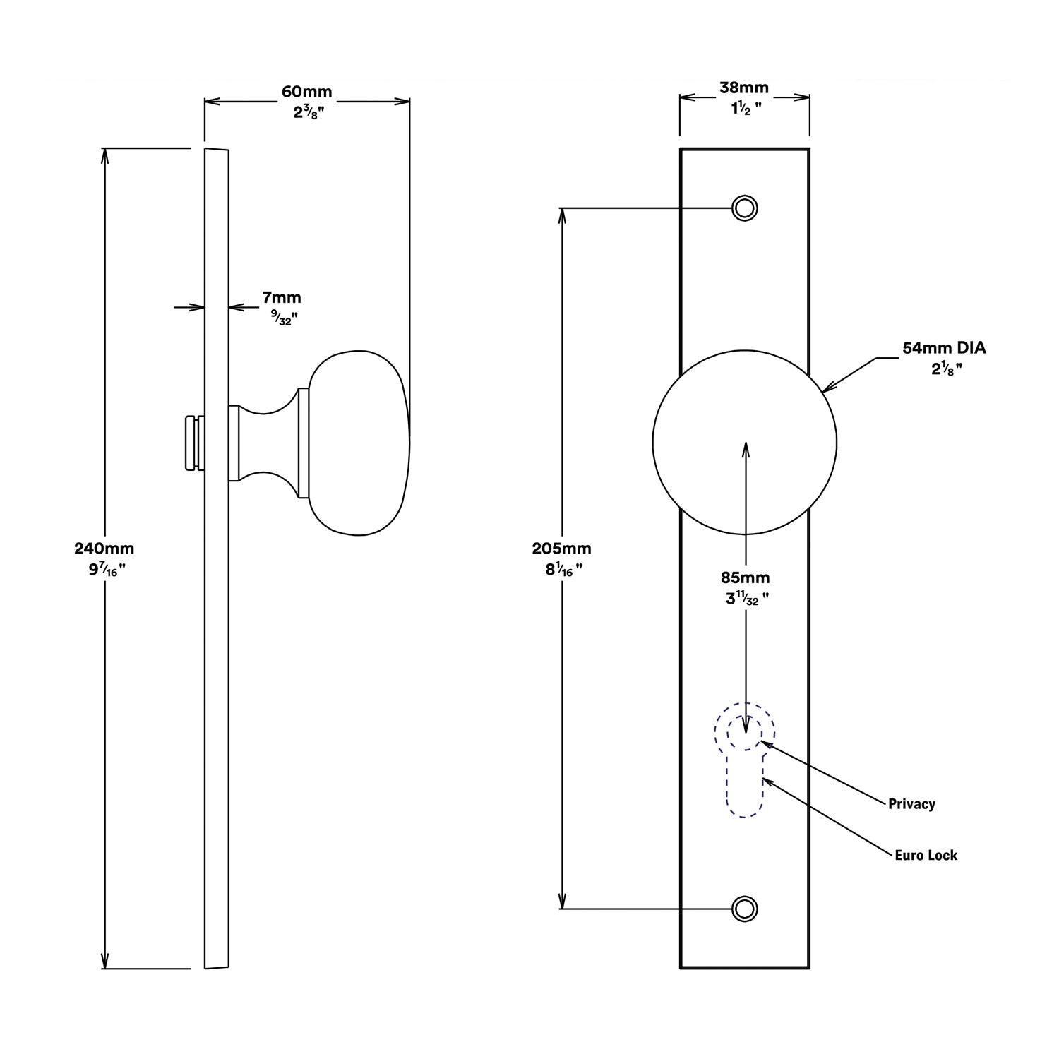 Iver Cambridge Door Knob on Rectangular Backplate Entrance Kit Key/Thumb