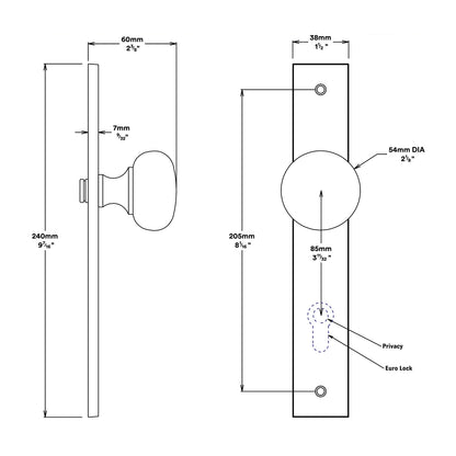 Iver Cambridge Door Knob on Rectangular Backplate Entrance Kit Key/Thumb