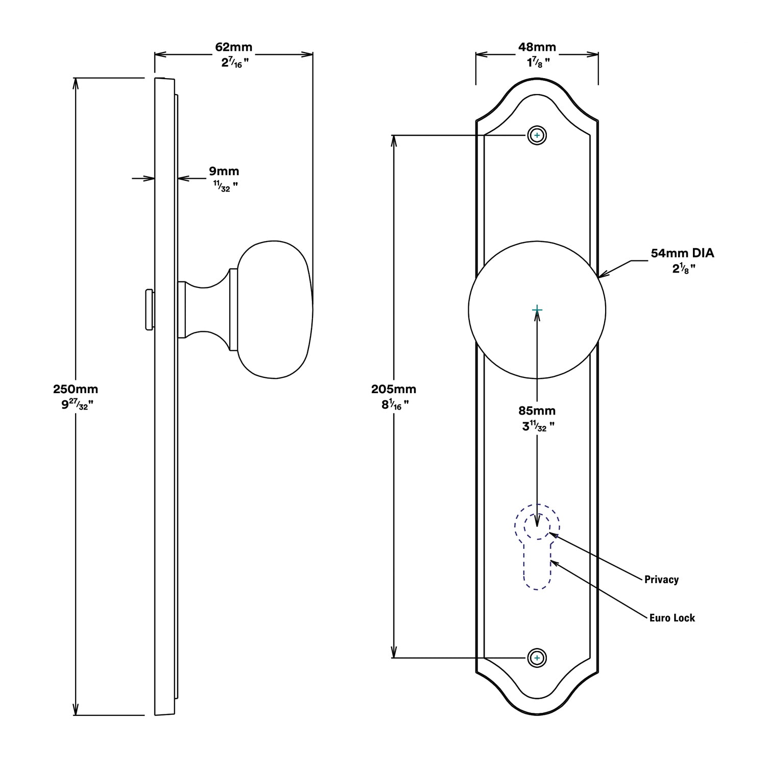 Iver Cambridge Door Knob on Shouldered Backplate Entrance Kit Key/Thumb