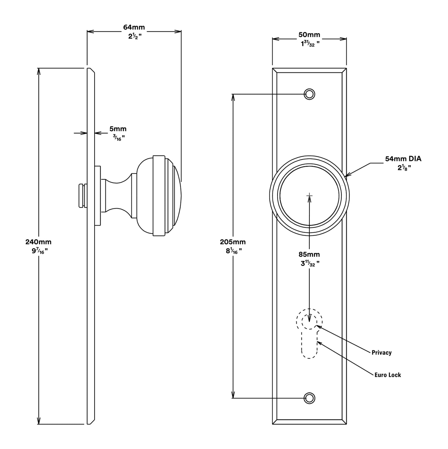 Iver Paddington Door Knob on Chamfered Backplate Passage Kit - Available in Various Finishes
