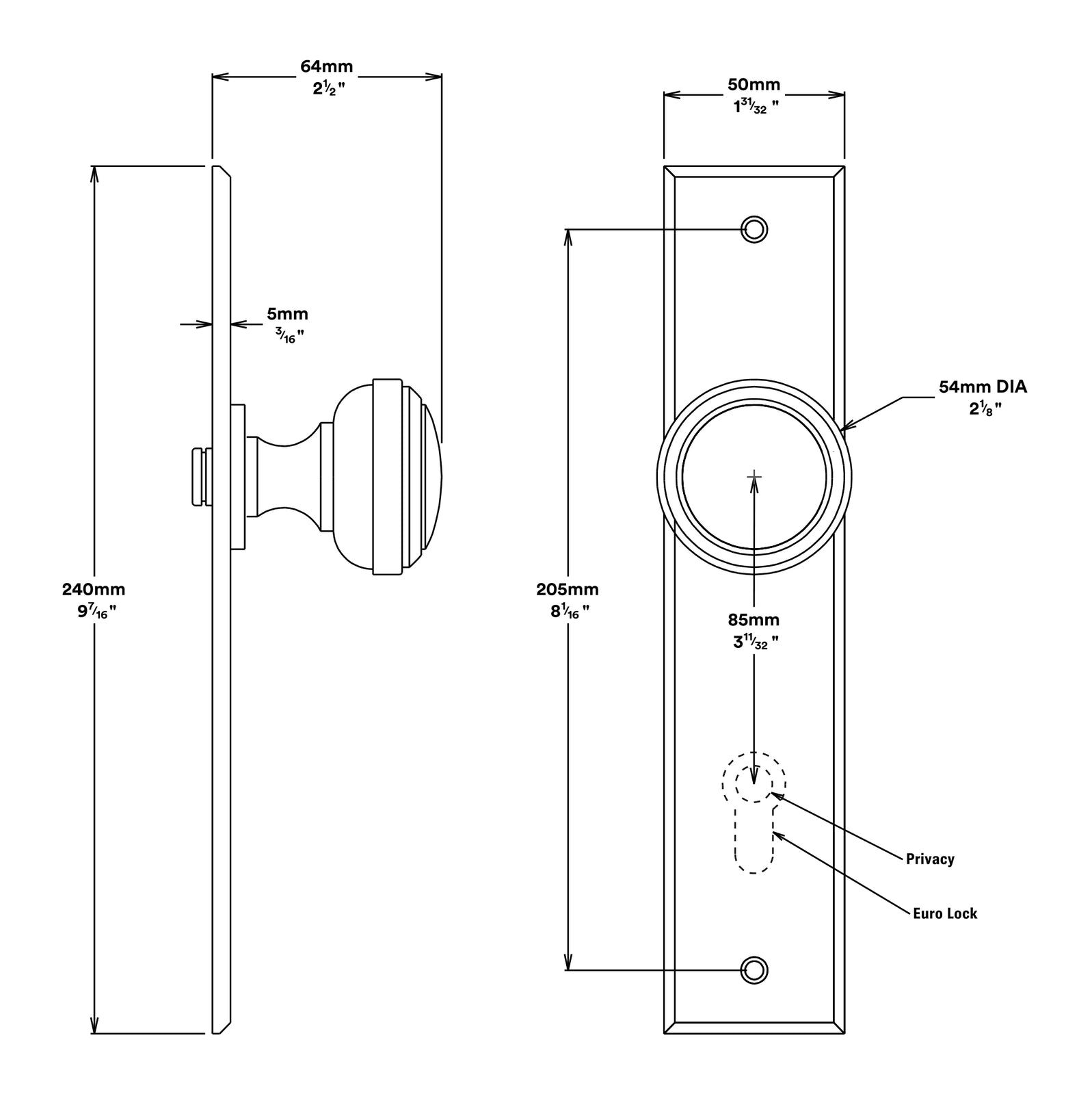 Iver Paddington Door Knob on Chamfered Backplate Passage Kit - Available in Various Finishes