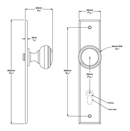 Iver Paddington Door Knob on Chamfered Backplate Passage Kit - Available in Various Finishes
