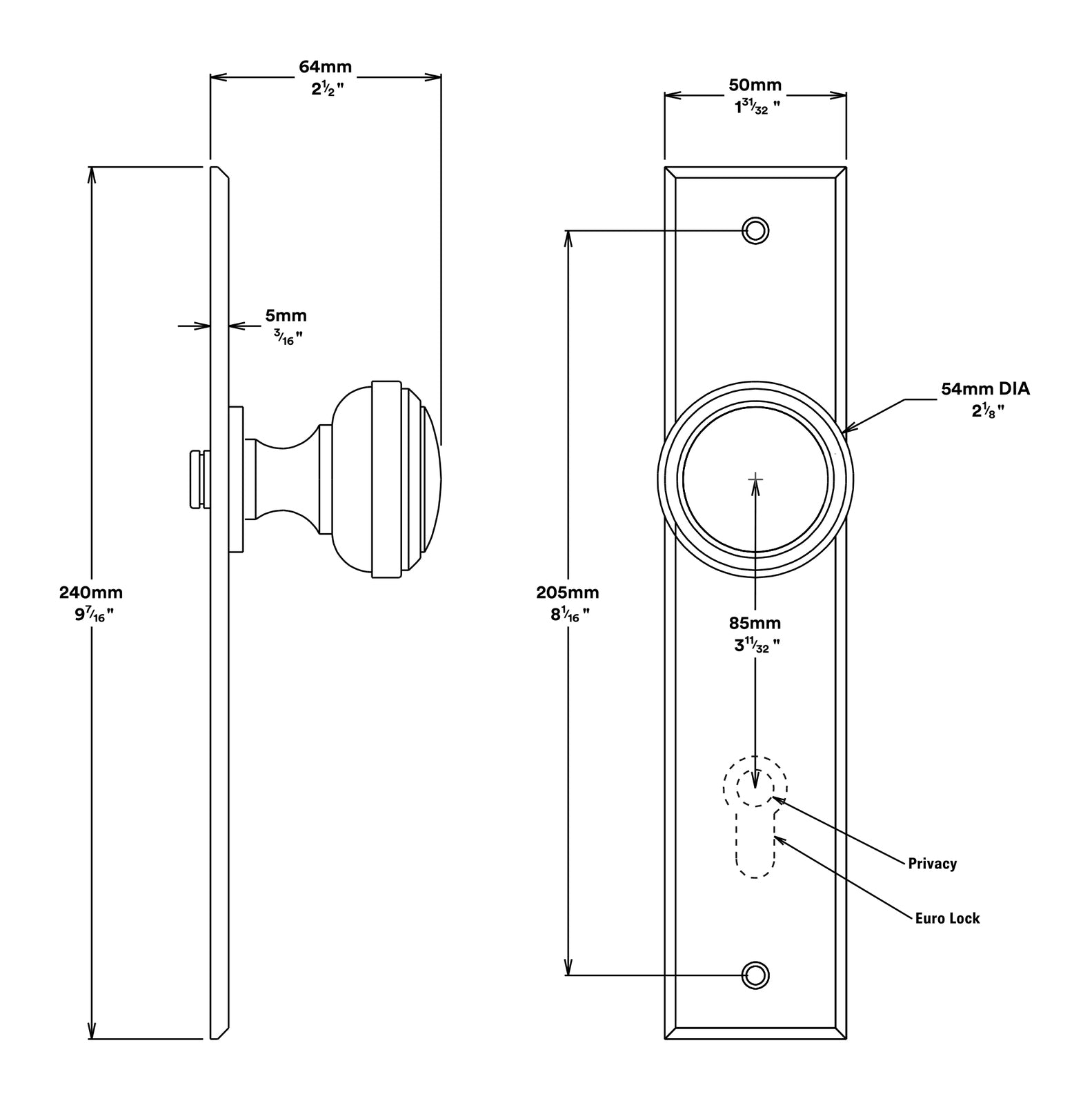 Iver Paddington Door Knob on Chamfered Backplate Privacy Kit - Available in Various Finishes