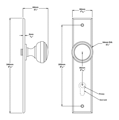 Iver Paddington Door Knob on Chamfered Backplate Privacy Kit - Available in Various Finishes