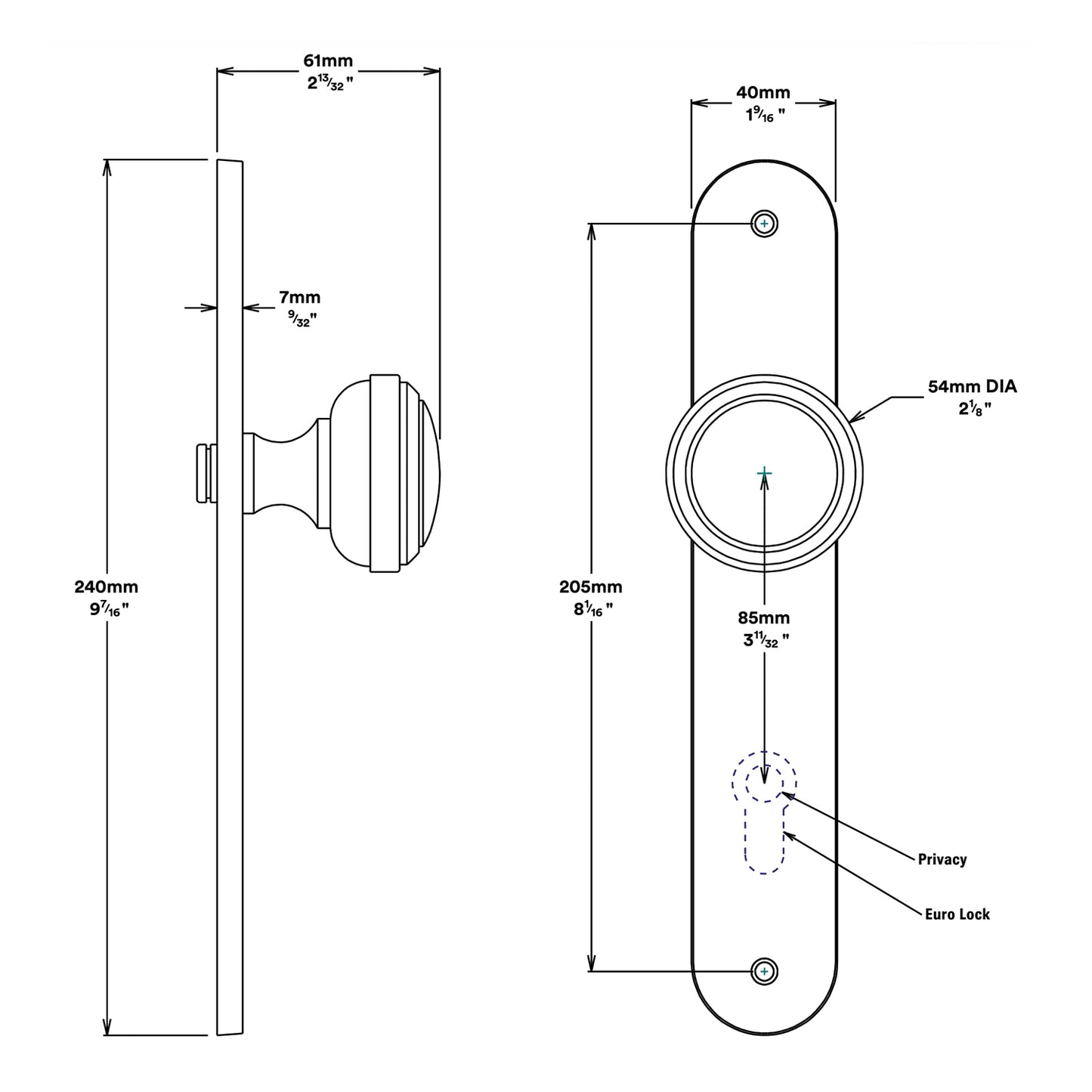 Iver Paddington Door Knob on Oval Backplate Entrance Kit Key/Thumb - Available in Various Finishes