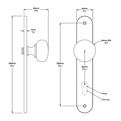 Iver Cambridge Door Knob on Oval Backplate Entrance Kit Key/Key - Available in Various Finishes