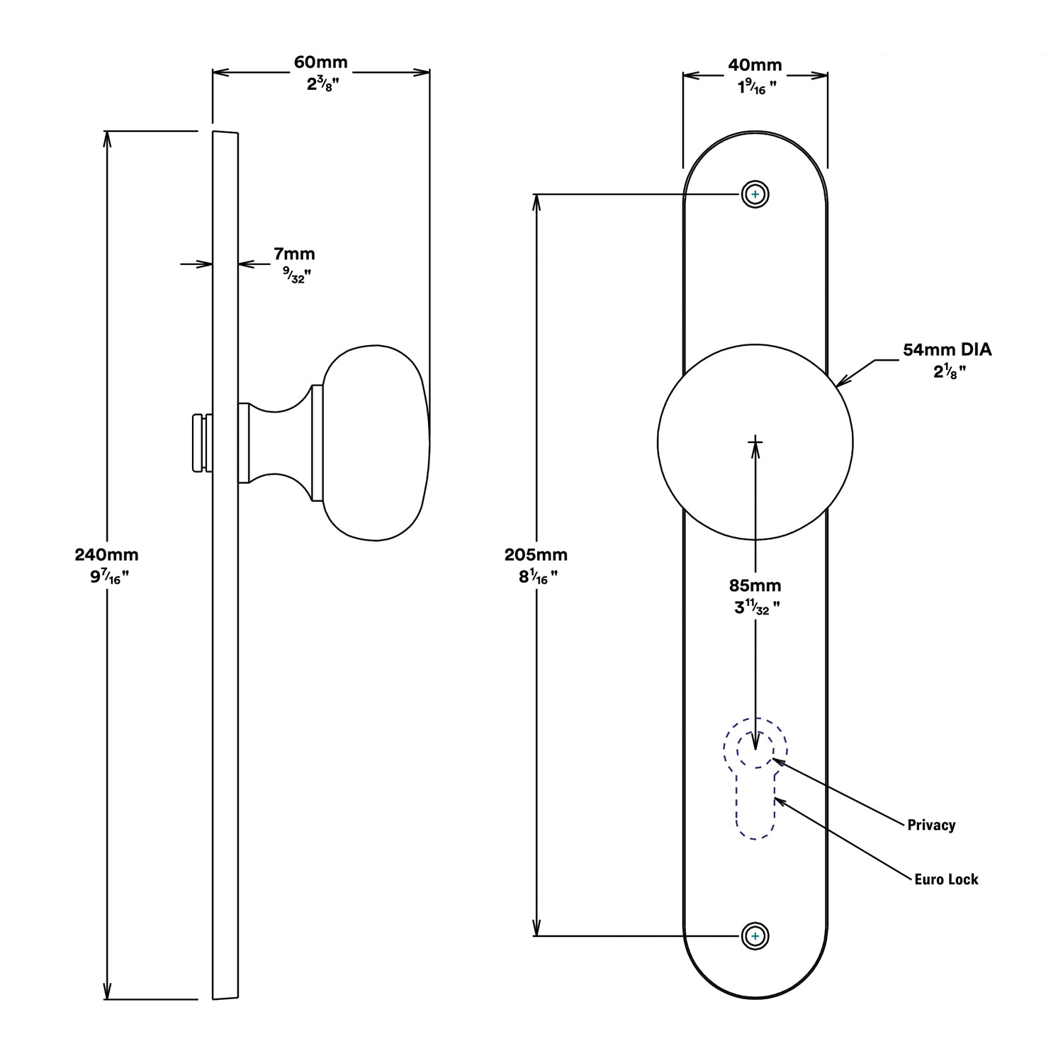 Iver Cambridge Door Knob on Oval Backplate Entrance Kit Key/Thumb - Available in Various Finishes