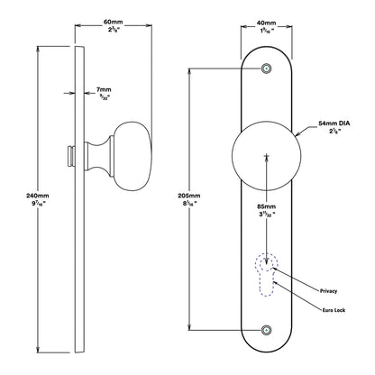 Iver Cambridge Door Knob on Oval Backplate Entrance Kit Key/Thumb - Available in Various Finishes