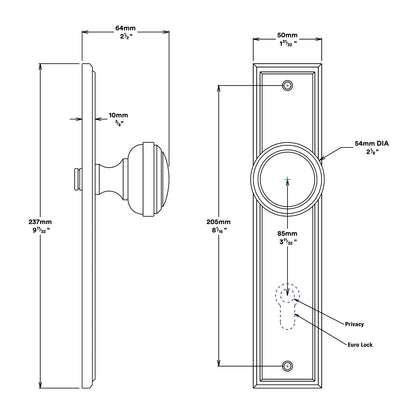 Iver Paddington Door Knob on Stepped Backplate Entrance Kit Key/Key - Available in Various Finishes