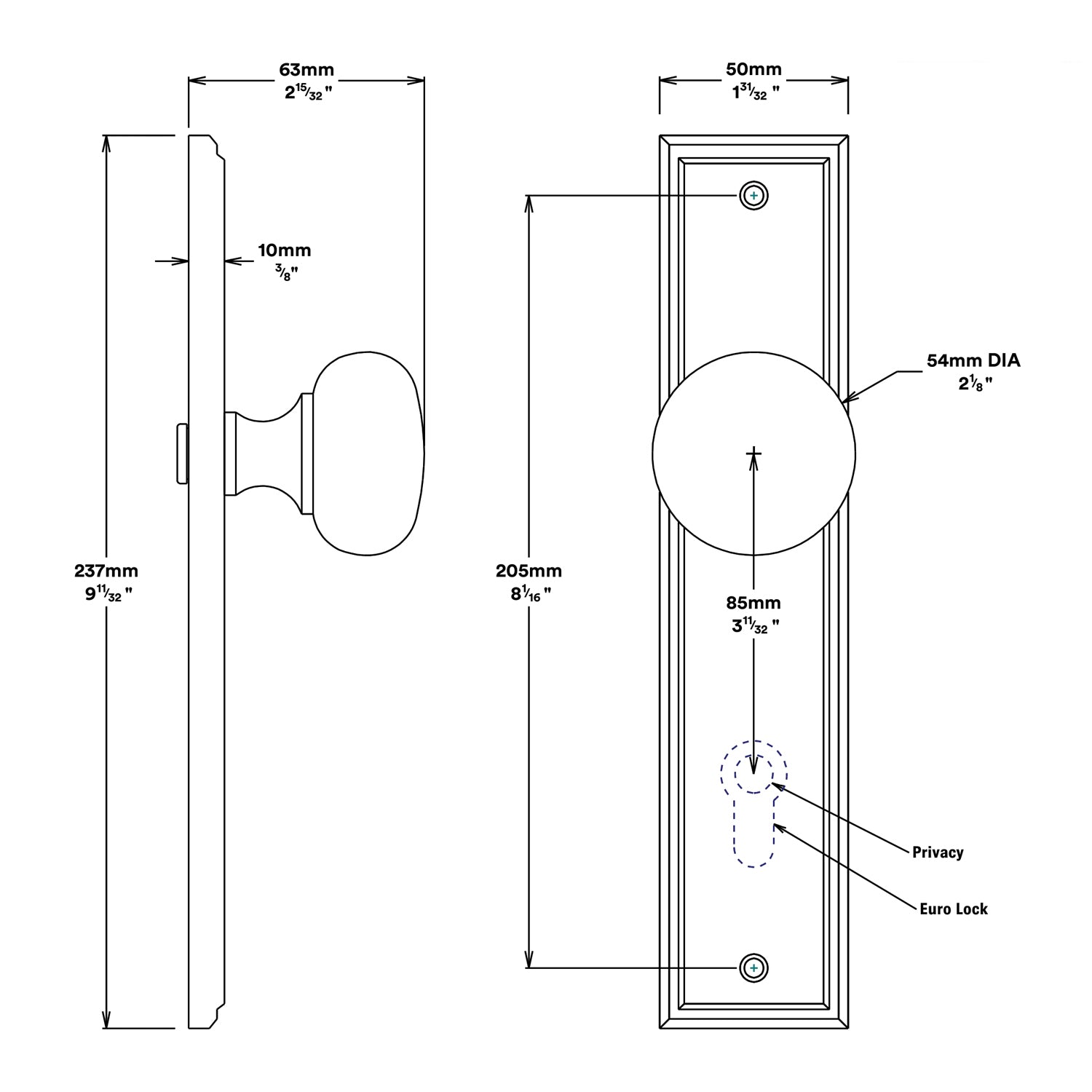 Iver Cambridge Door Knob on Stepped Backplate Entrance Kit Key/Thumb - Available in Various Finishes