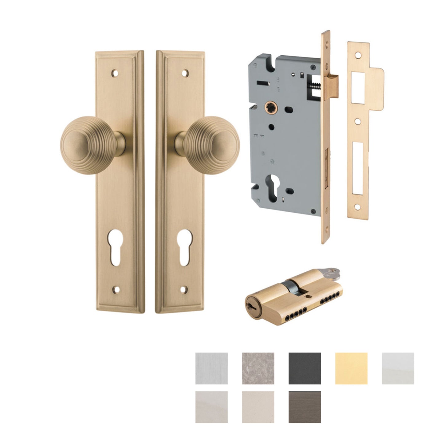 Iver Guildford Door Knob on Stepped Backplate Entrance Kit Key/Key - Available in Various Finishes