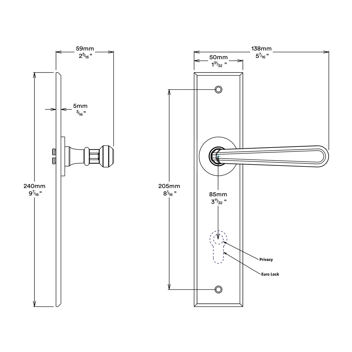 Iver Copenhagen Door Lever Handle on Chamfered Backplate Privacy Kit - Available in Various Finishes