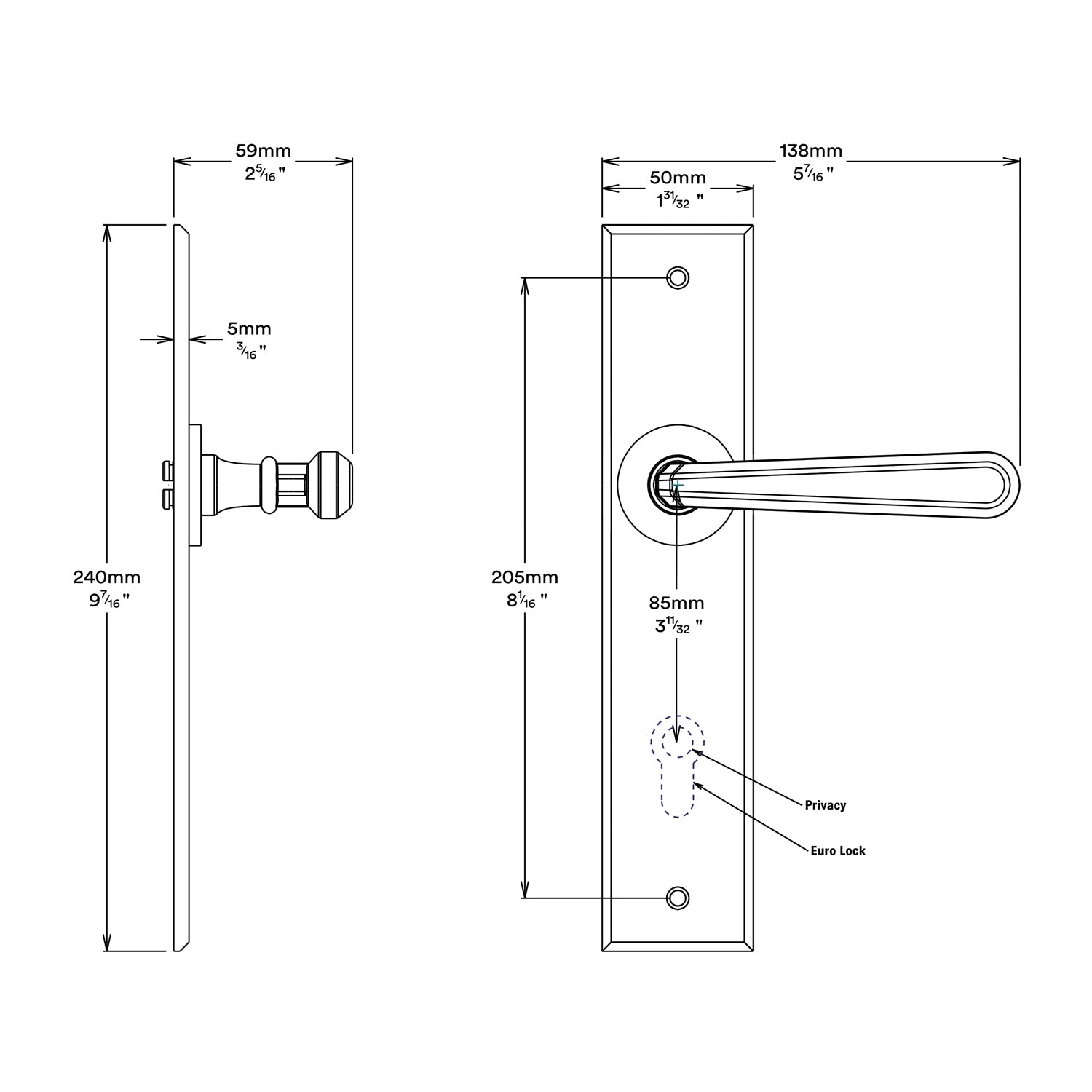 Iver Copenhagen Door Lever Handle on Chamfered Backplate Privacy Kit - Available in Various Finishes