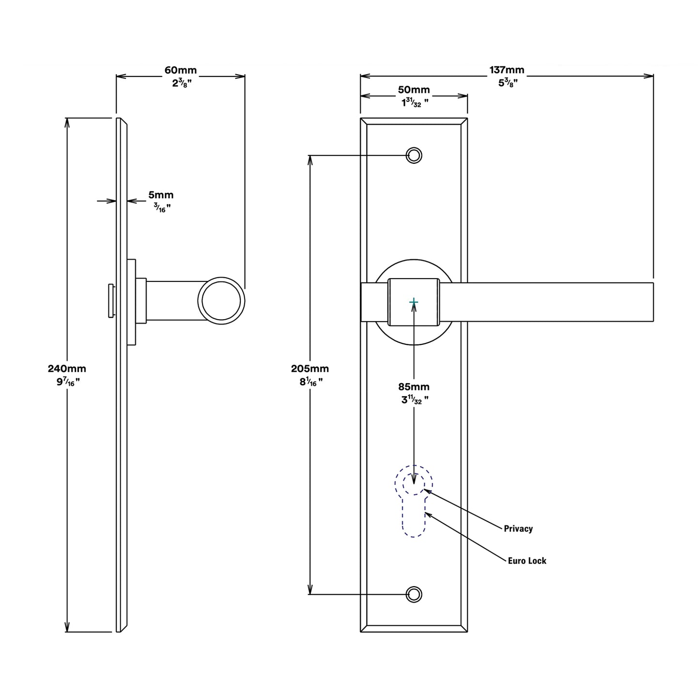 Iver Helsinki Door Lever Handle on Chamfered Backplate Privacy Kit - Available in Various Finishes