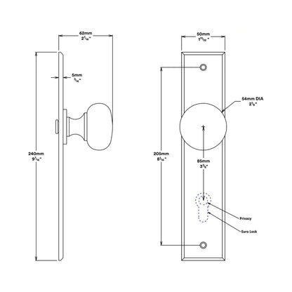 Iver Cambridge Door Knob on Chamfered Backplate Entrance Kit Key/Key - Available in Various Finishes