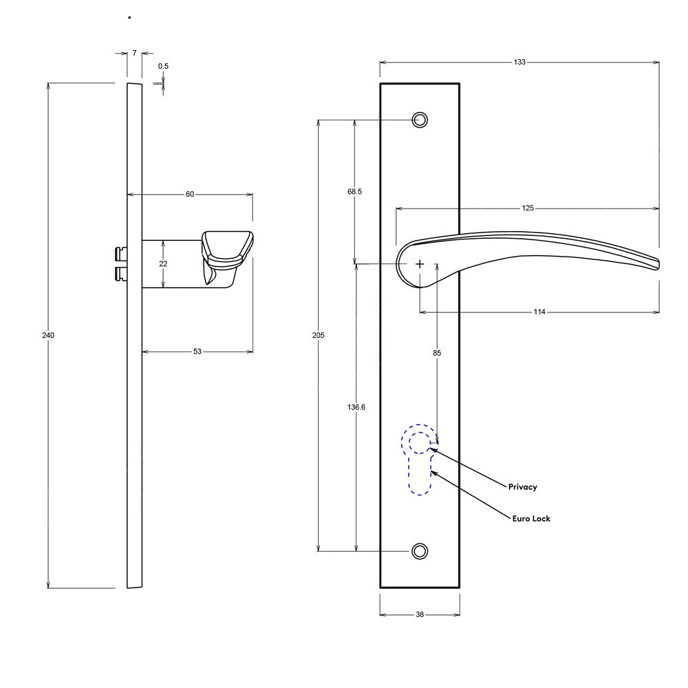 Iver Sarlat Door Lever on Rectangular Backplate Privacy Kit with Turn and Sizes