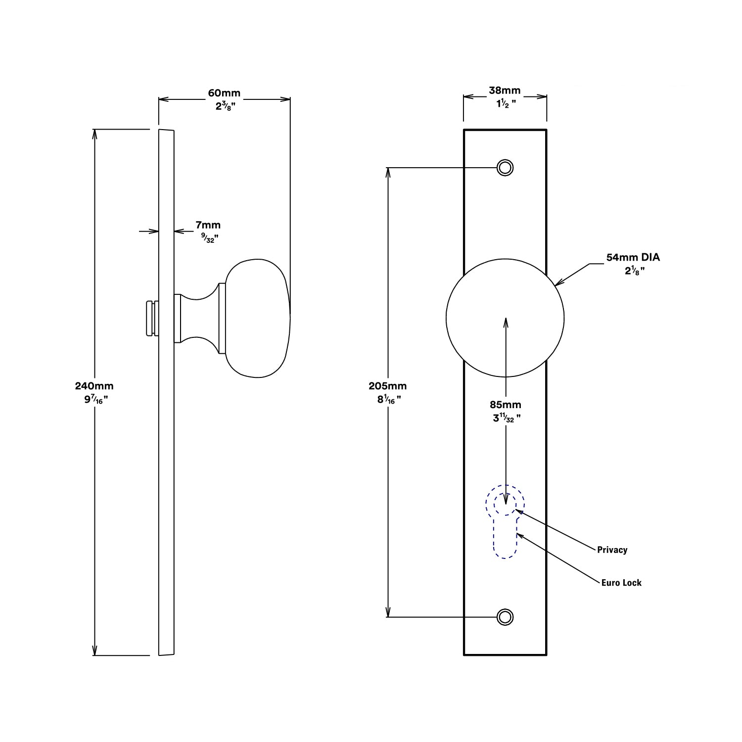 Iver Cambridge Door Knob on Rectangular Backplate Privacy Kit with Turn
