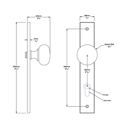 Iver Cambridge Door Knob on Rectangular Backplate Privacy Kit with Turn