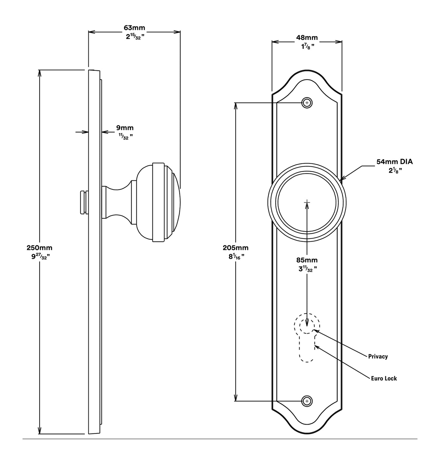 Iver Paddington Door Knob on Shouldered Backplate Privacy Kit with Turn