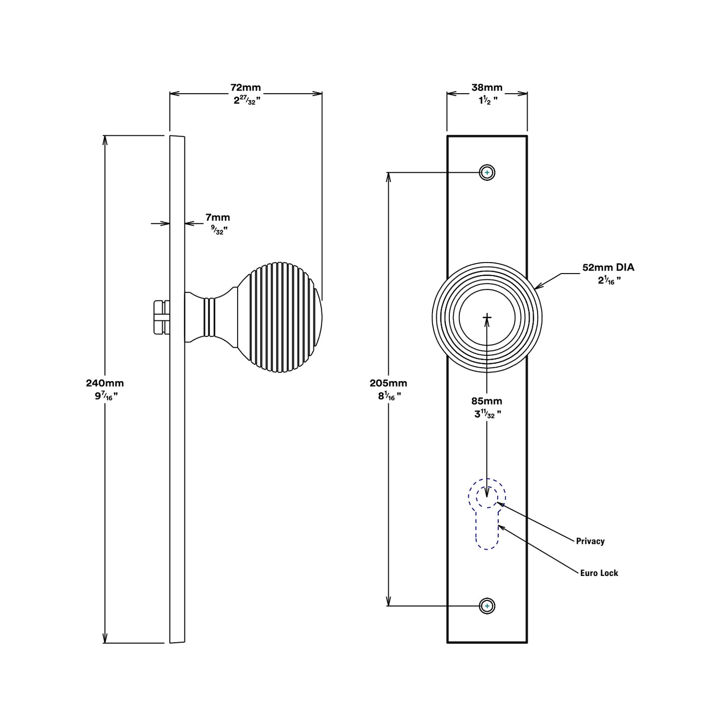 Iver Guildford Door Knob on Rectangular Backplate Privacy Kit with Turn