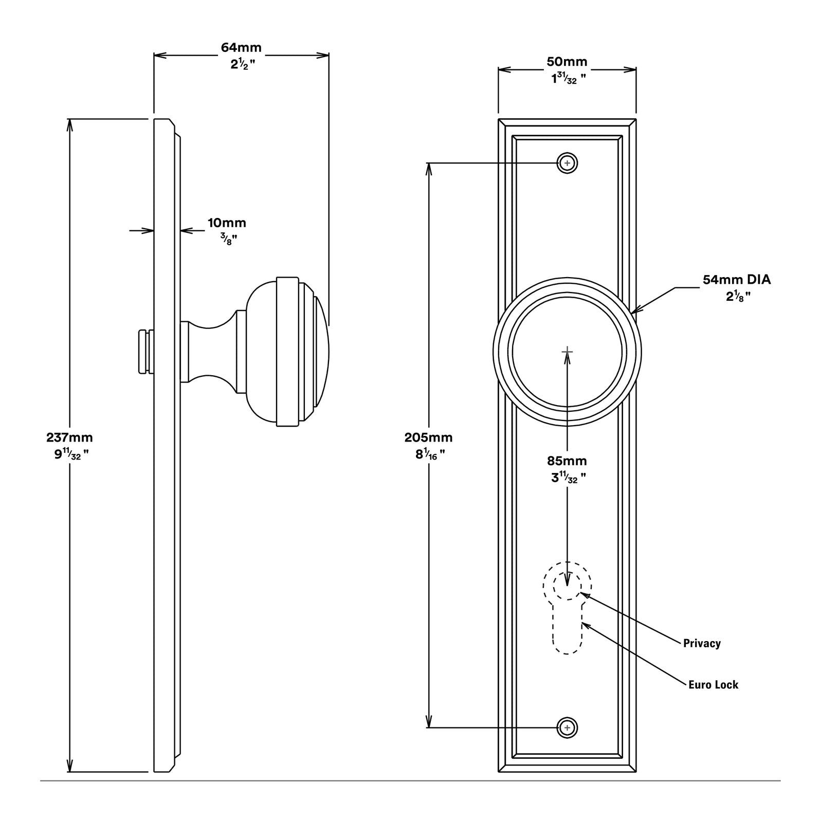 Iver Paddington Door Knob on Stepped Backplate Passage Kit - Available in Various Finishes