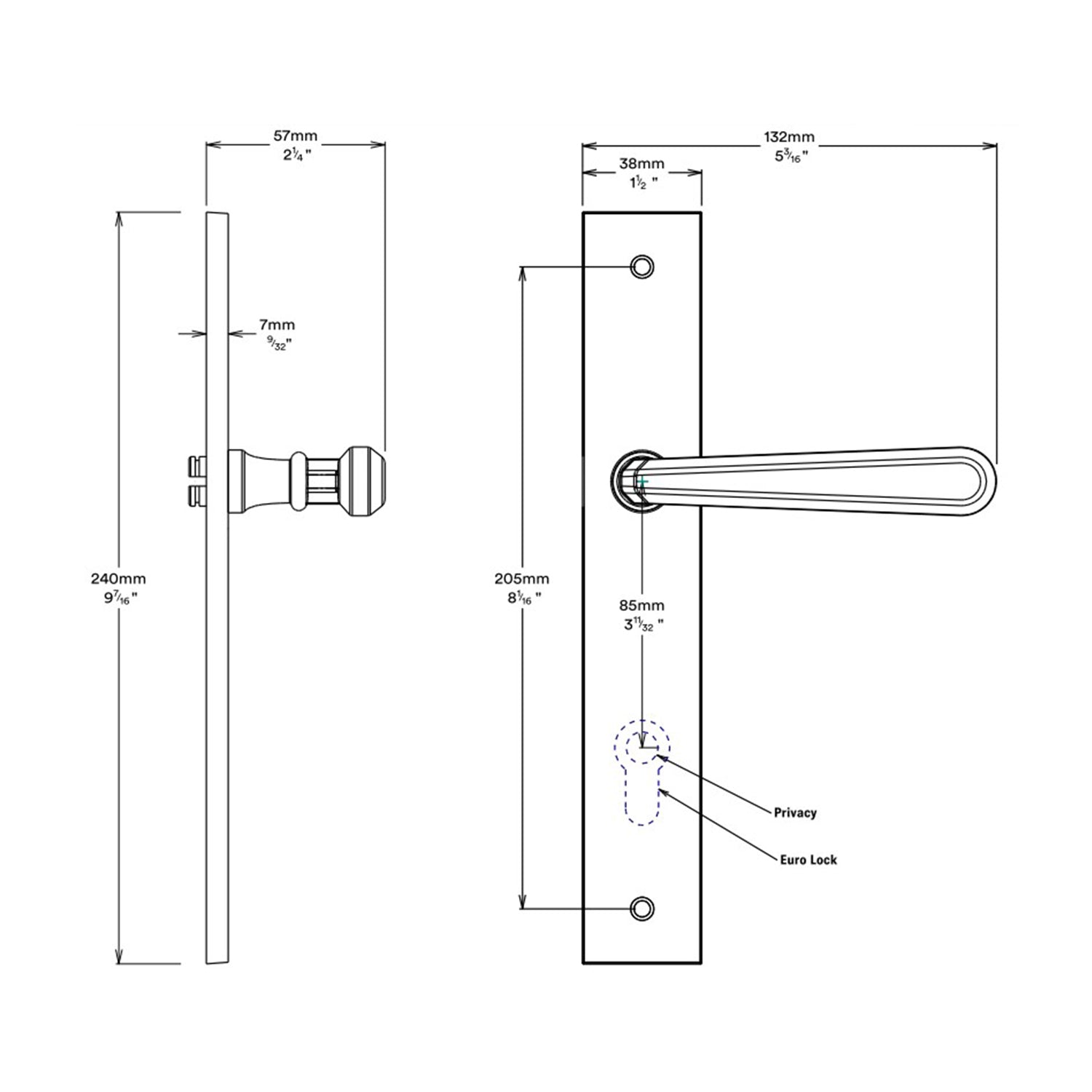 Iver Copenhagen Door Lever on Rectangular Backplate Privacy Kit with Turn
