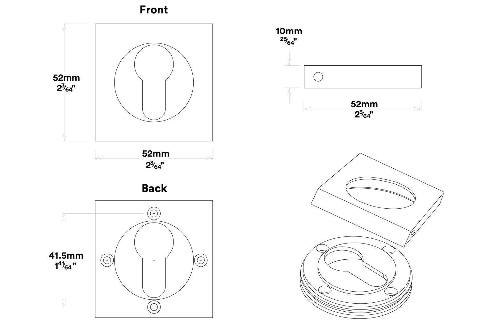 Iver Euro Escutcheon Square Concealed Fix Pair - Available In Various Finishes
