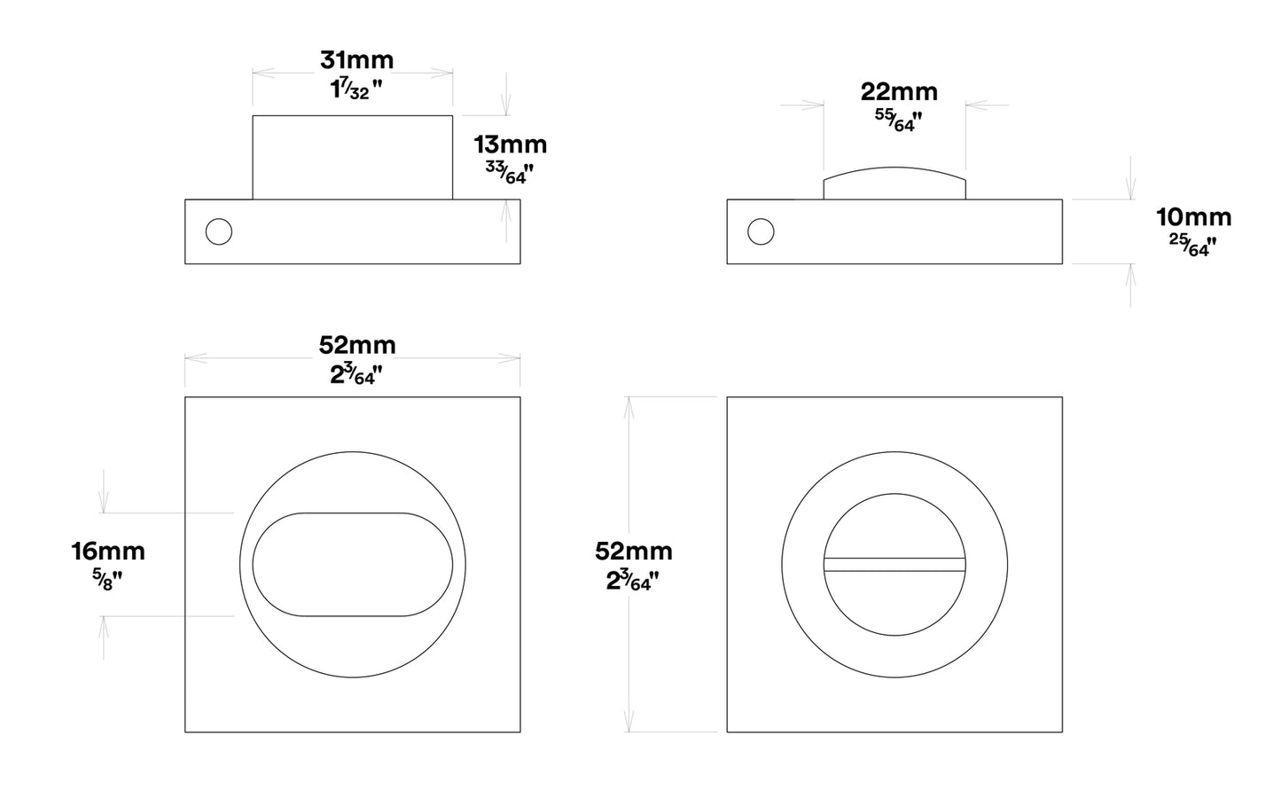 Iver Privacy Turn Square Concealed Fix - Available in Various Finishes