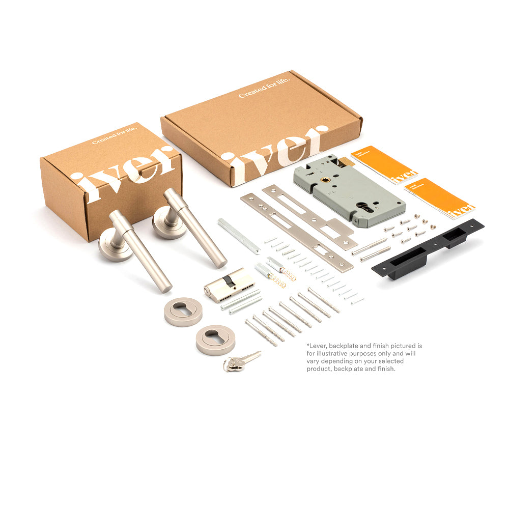 Iver Osaka Door Lever Handle on Round Rose Entrance Kit Key/Key - Available in Various Finishes