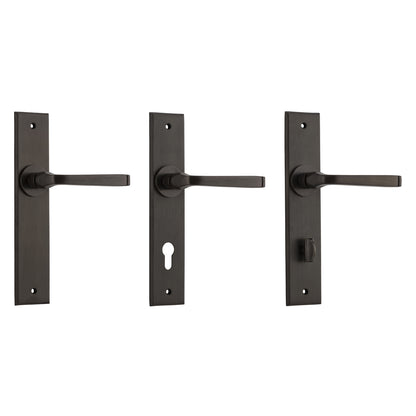 Iver Annecy Door Lever Handle on Chamfered Backplate Signature Brass